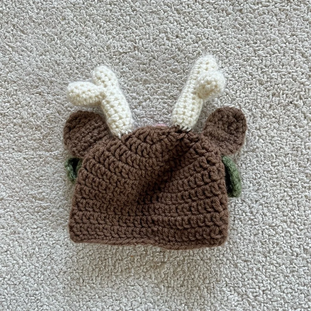 Handmade Adorable Brown Knit girls Hat with Pink Floral Design
